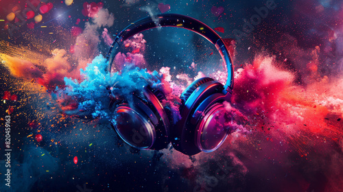 A pair of headphones is surrounded by colorful sparks and smoke