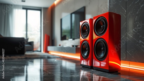 High fidelity sound from luxury red and black speakers