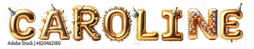 Caroline Letters - Golden Balloon, 3D - Isolated on Transparent or White Background PNG - Best for Birthday Illustration Design