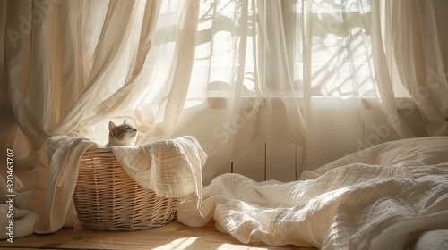 Whimsical cat hiding in basket under hanging linens