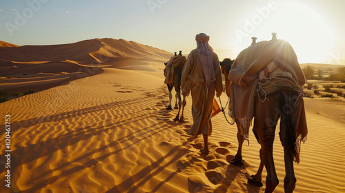 A man and two camels are walking across a desert
