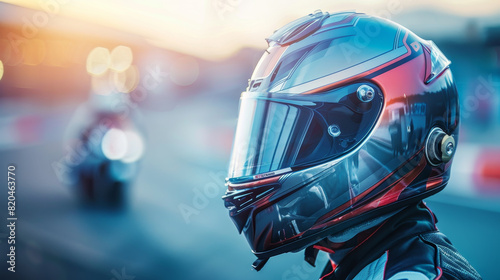 A man wearing a helmet is standing on a racetrack