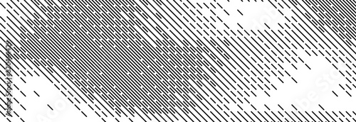Dashed diagonal line texture. Slanted dash lines pattern background. Straight tilted interrupted stripes wallpaper. Abstract dither rasterized grunge overlay. Wide rippled vector texture