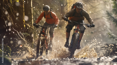 Two mountain bike athletes overcome a dangerous area in a wooded area. Two people on bicycles are riding along a wet forest path