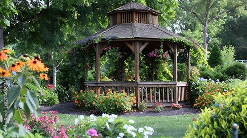 Charming gazebo nestled in a garden oasis, adorned with climbing vines and colorful flowers.