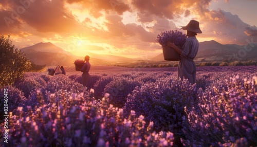 Lavender Harvest, Depict the process of harvesting lavender, with workers gathering bundles of freshly cut blooms against the backdrop of picturesque lavender fields
