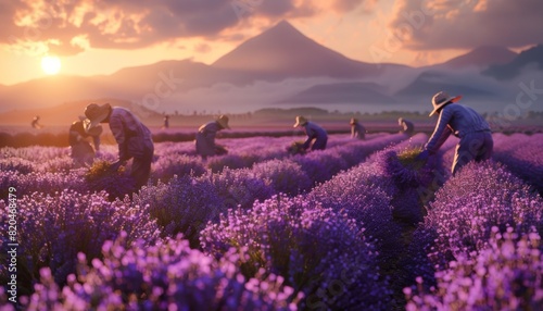 Lavender Harvest, Depict the process of harvesting lavender, with workers gathering bundles of freshly cut blooms against the backdrop of picturesque lavender fields