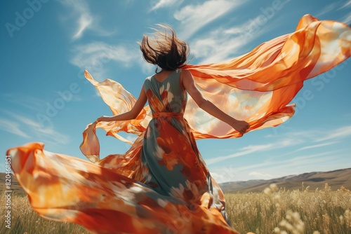 A woman running with fabric flying behind her, in a grassy field against a blue sky background. Generative AI