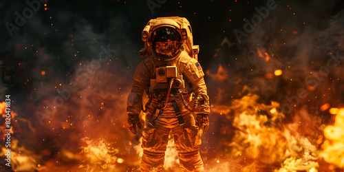 A space explorer stands before a burning inferno.