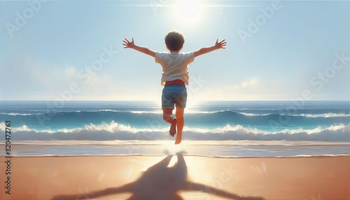 Joyful leap into freedom by the seaside under a sunny sky