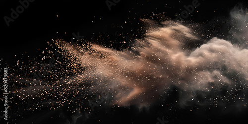 Natural dust particles flow in air on black background 