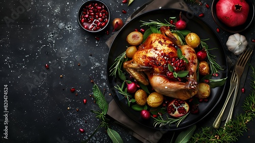 Tempt your taste buds with a real photo capturing the irresistible allure of a perfectly roasted chicken paired with crispy potatoes and drizzled with a flavorful pomegranate sauce