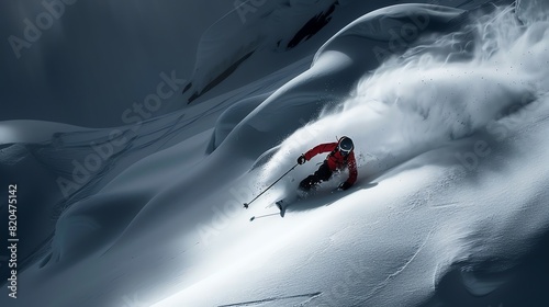 A skier in a red jacket is skiing down a steep snow-covered slope. The skier is surrounded by snow and is carving a turn.