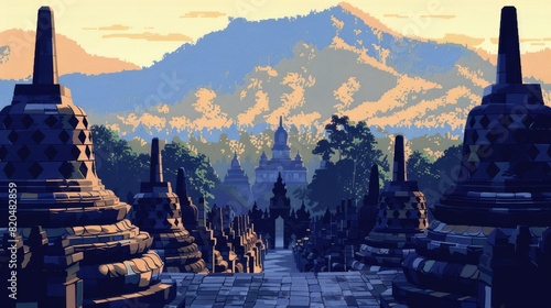 background view of Borobudur temple with 1-bit pixel style, Ai Generated Images.