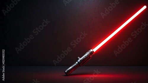 A red lightsaber with a silver handle lying on a dark background.