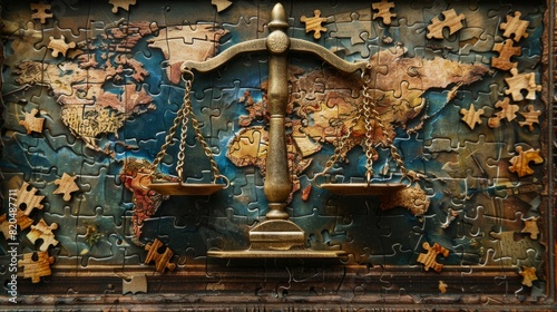 A balanced scale over a vintage world map with puzzle pieces, symbolizing global justice and balance in an artistic representation.