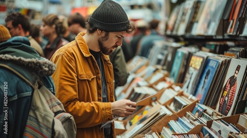 A man in yellow jacket and beanie hat browsing through vinyl records at a busy market stall filled with various music albums.