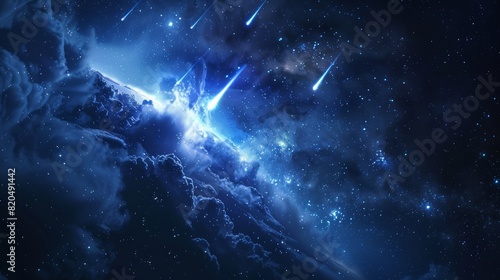 Stunning cosmic scene featuring bright meteors streaking through a deep blue galaxy, surrounded by ethereal clouds and starry night sky.