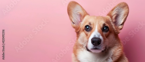 Bashful Corgi with downcast eyes on a pale pink background with copy space,