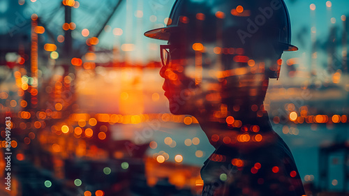 Double exposure, a Engineer working at industrial port and construction container checking inspection concept