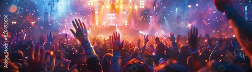 Exquisite detail of festivalgoers cheering, hands in the air, euphoric energy, vibrant crowd, clear visuals, Midjourney AI