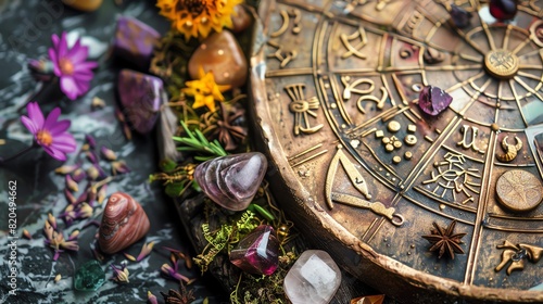 Astrological chart with gemstones and flowers, depicting zodiac symbols, mysticism, and esoteric concepts. Ideal for divination themes.