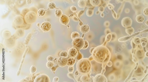 Close-up view of microscopic yeast cells, displaying detailed cellular structures viewed under high magnification, highlighting biological complexity.