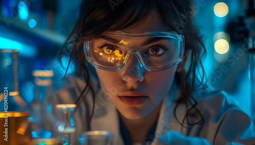 A woman in lab coat looking at something.