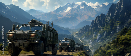 Military convoy driving through a mountainous region, with rugged terrain and clear sky,
