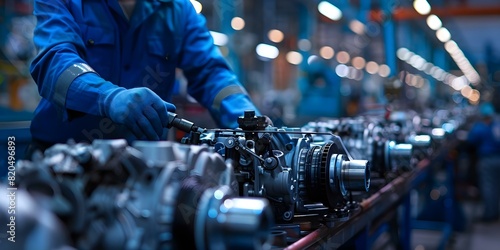 Mechanic fine-tuning engine parts assembly line in industrial setting. Concept Industrial Engineering, Machinery Maintenance, Automotive Technology, Assembly Line Optimization, Factory Operations
