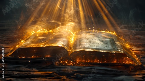 An artistic composition of the Holy Quran, with rays of light emanating from its pages, creating a spiritual aura on a solid background