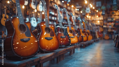 A lineup of various acoustic guitars displayed in a music shop with vibrant wooden tones and soft lighting