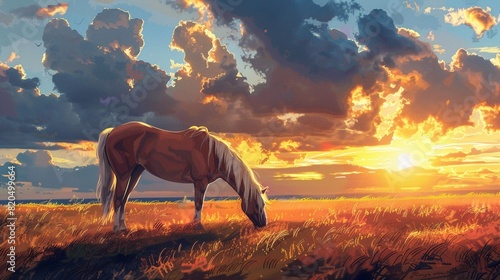 a Horse grazing with sunset in the background