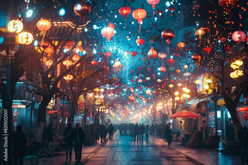 A busy city street with people walking and lights hanging from the trees
