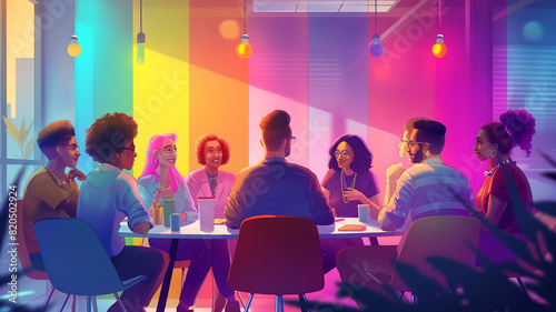a diverse group of coworkers gathered around a round table in a modern workspace