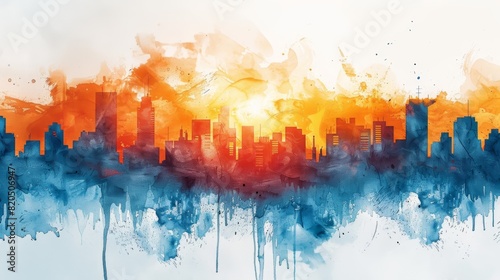 A watercolor painting of a cityscape at sunset