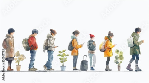 People waiting in line to buy something with plants and a yellow suitcase.