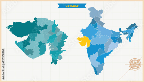 A Map highlighting Gujarat in the India Map, Gujarat and India modern map with Colorful Hi detailed Vector, geographical borders