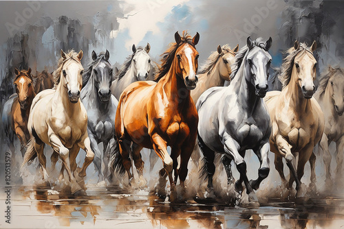Horses running in the water. Watercolor painting on canvas.