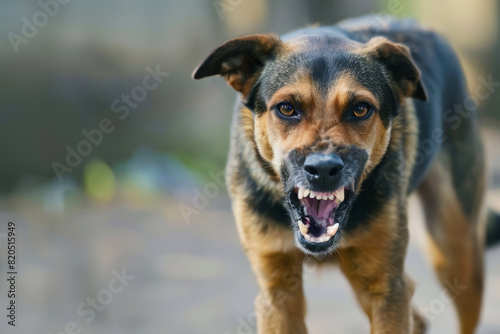 angry aggressive dog on the city street dangerous and may be infected. Rabies concept