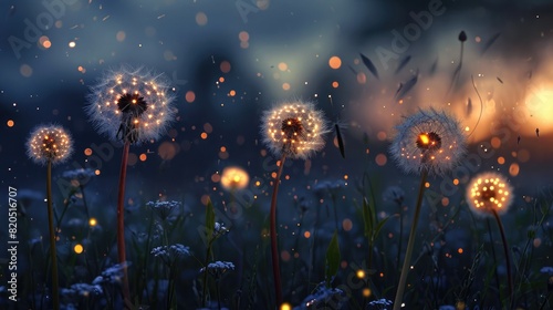 Radiant Easter dandelions releasing glowing seeds that transform into floating orbs of light, creating a magical spectacle at dusk.