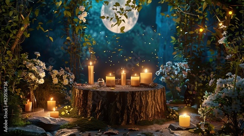 Capture an indoor photo of a beautiful altar arranged on a tree stump, adorned with candles, herbs, and essential oils, set against a nature backdrop at night with a full moon and fireflies.