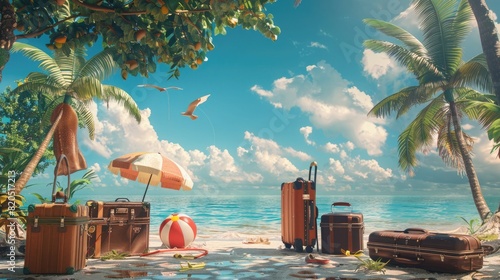 Positioned at the edge of a tropical paradise, a series of travel cases are carefully placed on the sand, accompanied by a stylish umbrella, a bright beach ball, and a lifebelt