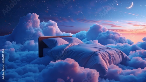 A whimsical 3D rendering of a cozy bed floating over fluffy clouds at night.
