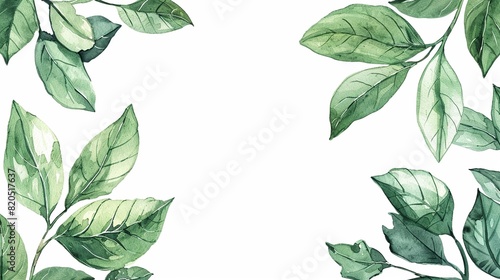 Green leaves form a hand drawn and watercolor frame on a white background.