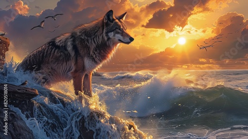 Realistic photo of a wolf on the edge of a cliff, with waves splashing, the sun setting, clouds, and birds