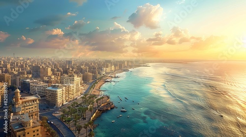 Realistic photo showcasing the beauty of Alexandria, Egypt with the sea in the background