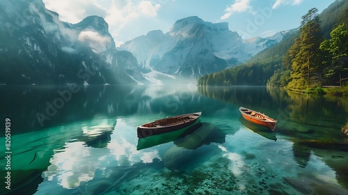A serene lake surrounded by mountains, with transparent boats gliding across the water