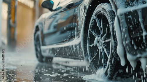 A car being manually washed with soap and high-pressure water.