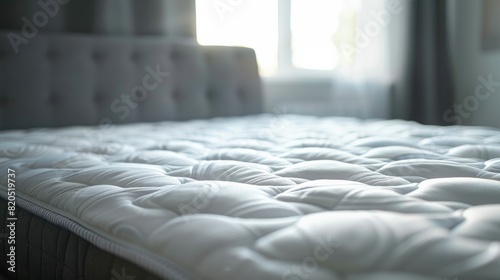 A soft mattress with a protector on a grey bed indoors.